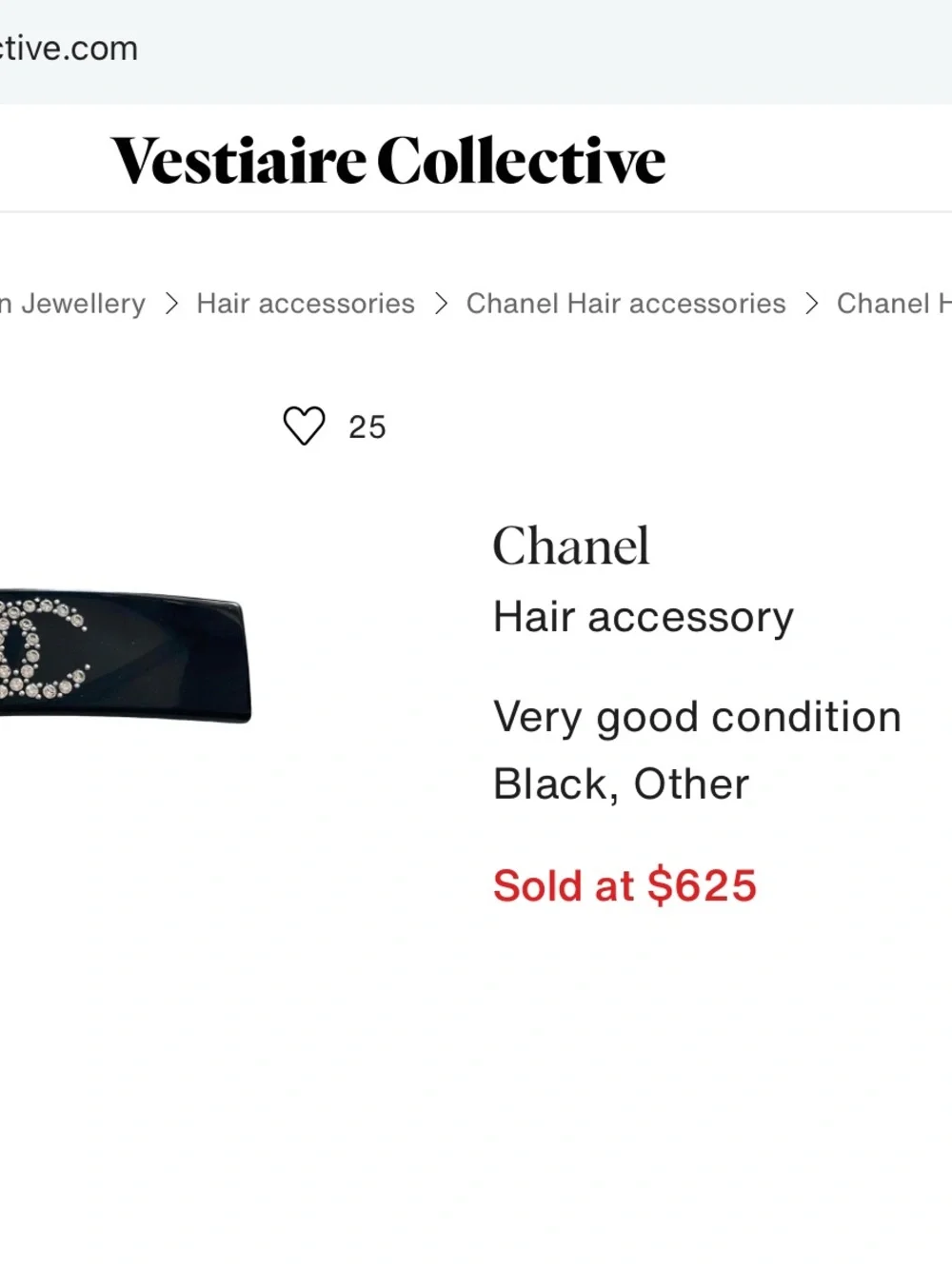 CHANEL Black Crystal CC Logo Hair Barrette
